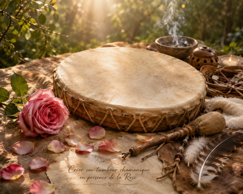 Tambour chamanique et objets rituels disposés dans la nature pour le Cercle Wakan En Bourgogne dans l'Yonne 89