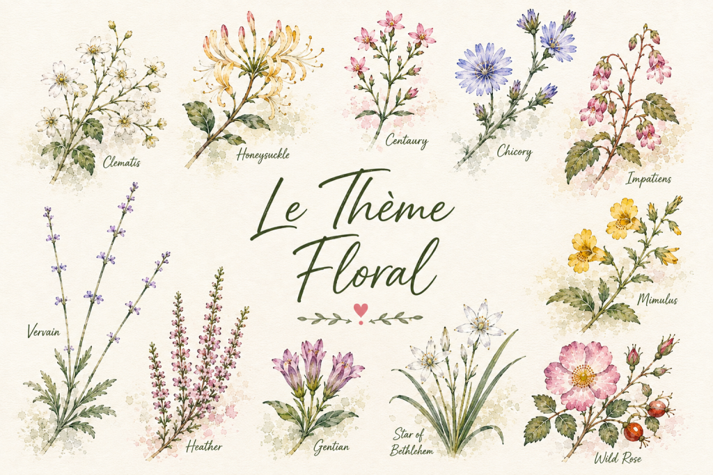 Fleurs de Bach disposées autour du Thème Floral pour explorer son paysage émotionnel En Bourgogne Yonne 89